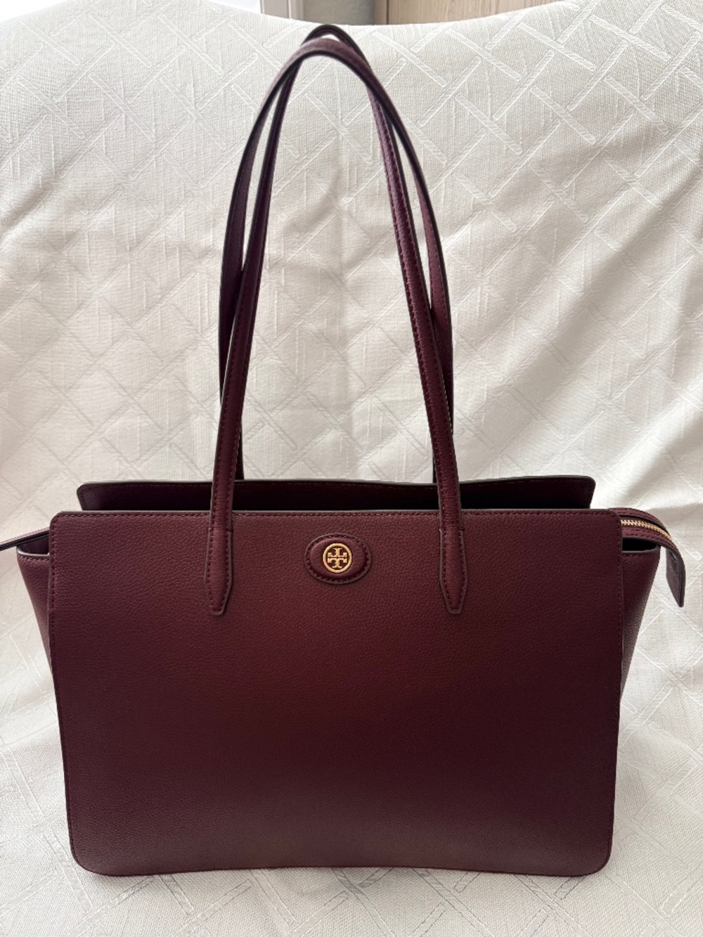 Tory Burch Burgundy Leather Tote Shoulder Bag Gold Logo